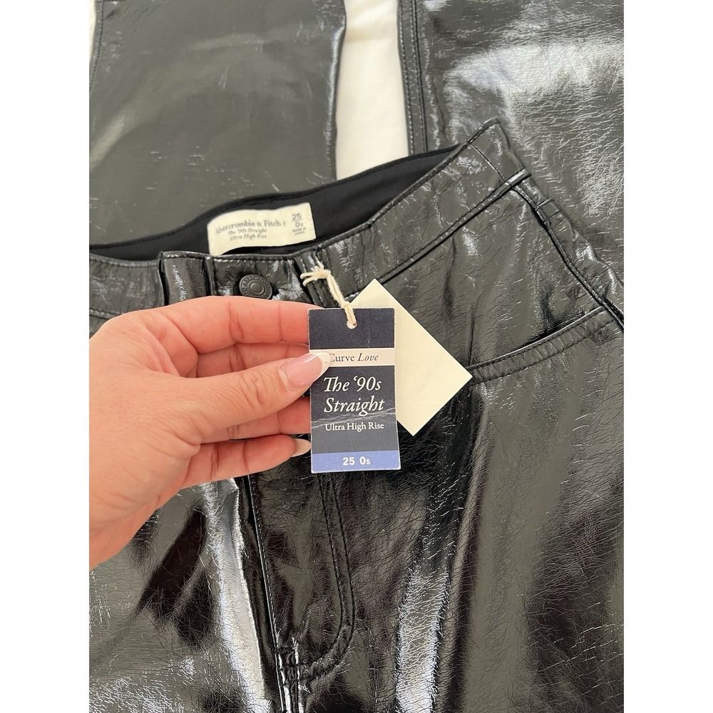 Abercrombie & Fitch 90's Straight Ultra High Rise Vegan Leather Pants Blue Shiny - Picture 4 of 9